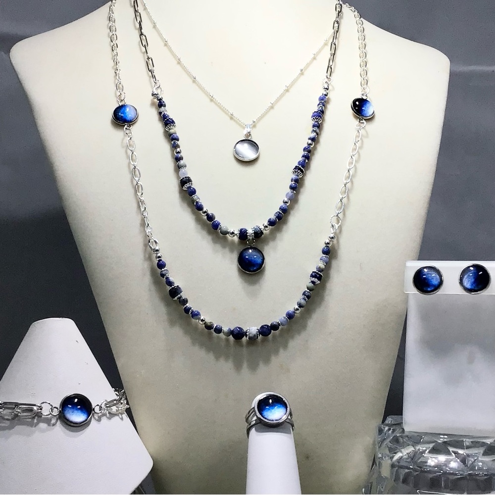 Handmade Pops of Color 3 Piece Necklace Set-Glass Cabochons-Gemstones-Sodalite